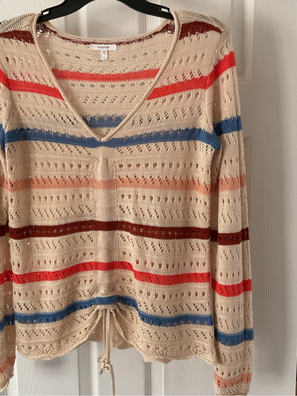 Maurices Open-Knit Striped Sweater - Cream with Red Accent